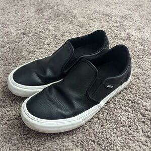 Vans Black Leather Slip-On Sneakers with White Sole